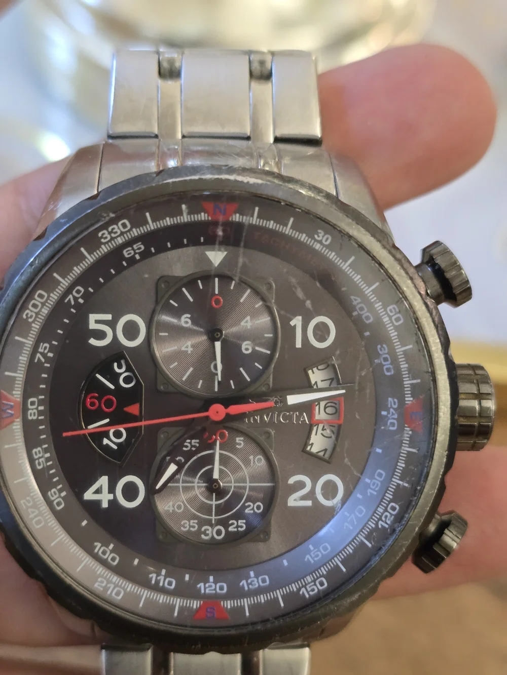 Invicta Men’s Black Chronograph Stainless Steel Watch Crown Damaged